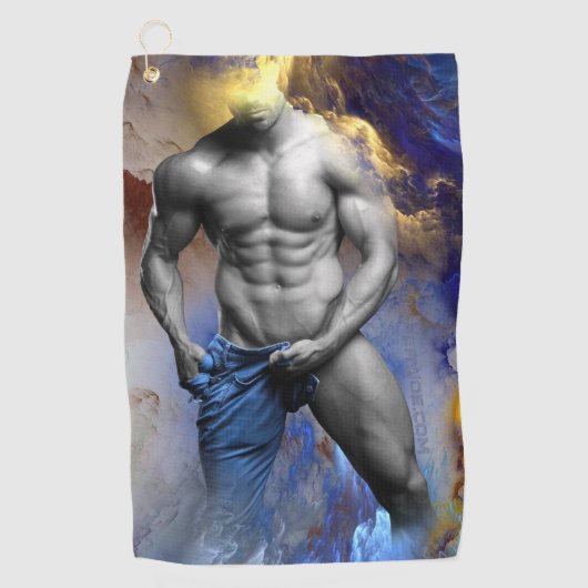 SlipperyJoeの筋肉質な男の体型は蒸し暑いシャトル ゴルフタオル (正面)