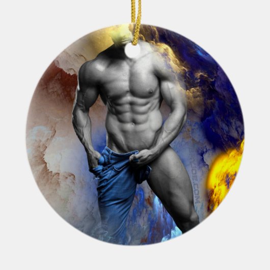 SlipperyJoeの筋肉質な男の体型は蒸し暑いシャトル セラミックオーナメント (正面)