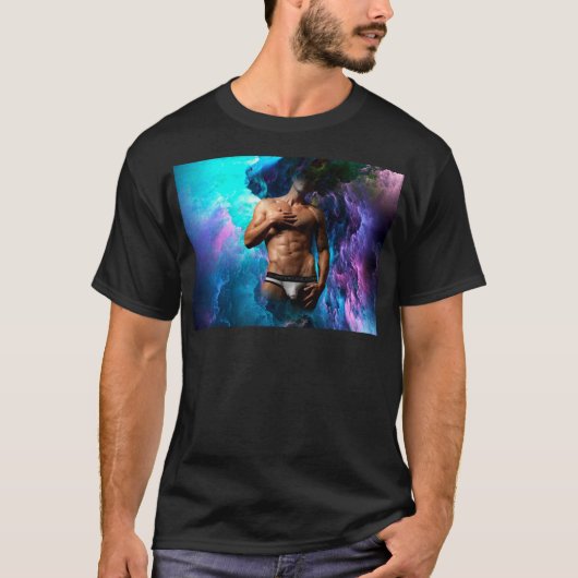 SlipperyJoeの筋肉質な男性の下着の膨らみ コズミック Tシャツ (正面)