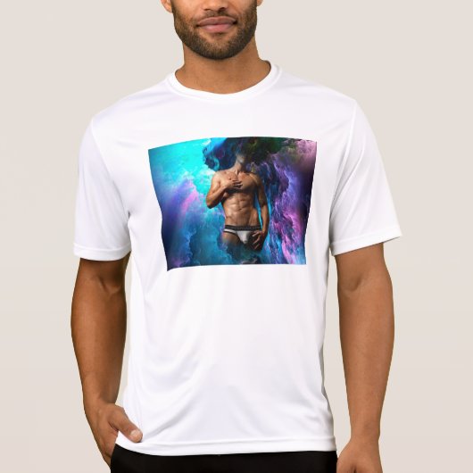 SlipperyJoeの筋肉質な男性の下着の膨らみ コズミック Tシャツ (正面)
