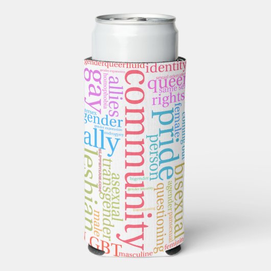 SlipperyJoeの虹のLGBTQ+コミュニティのワードクラウド スリム缶クーラー (Seltzer裏面)