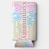 SlipperyJoeの虹のLGBTQ+コミュニティのワードクラウド スリム缶クーラー (裏面)