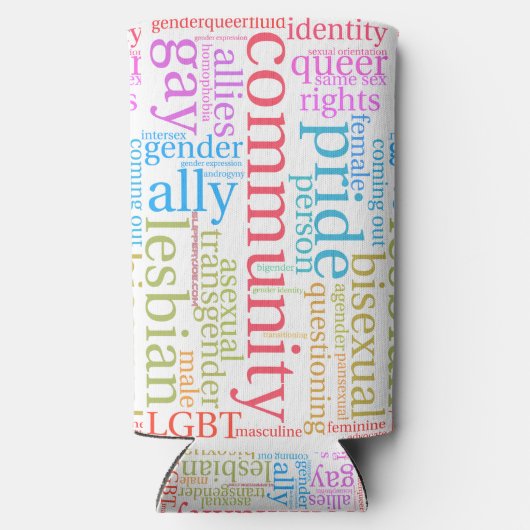 SlipperyJoeの虹のLGBTQ+コミュニティのワードクラウド スリム缶クーラー (裏面)