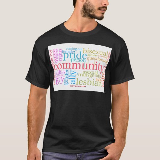 SlipperyJoeの虹のLGBTQ+コミュニティのワードクラウド Tシャツ (正面)