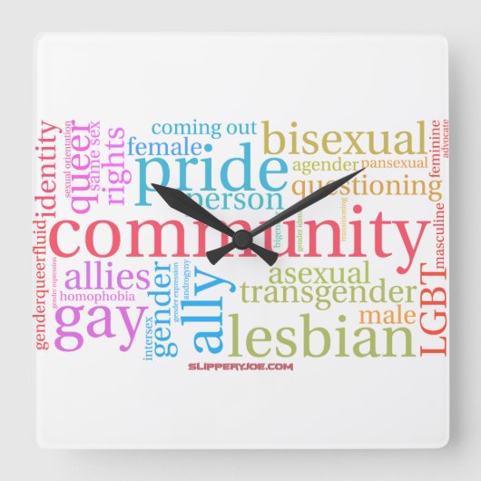 SlipperyJoeの虹色のLGBTQ+コミュニティワードクラウド スクエア壁時計 (正面)
