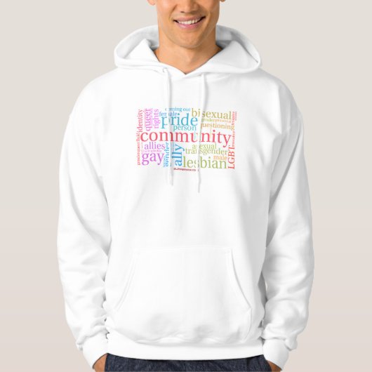 SlipperyJoeの虹色のLGBTQ+コミュニティワードクラウド パーカ (正面)