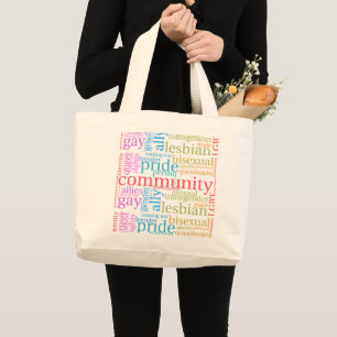 SlipperyJoeの虹色のLGBTQ+コミュニティワードクラウド ラージトートバッグ