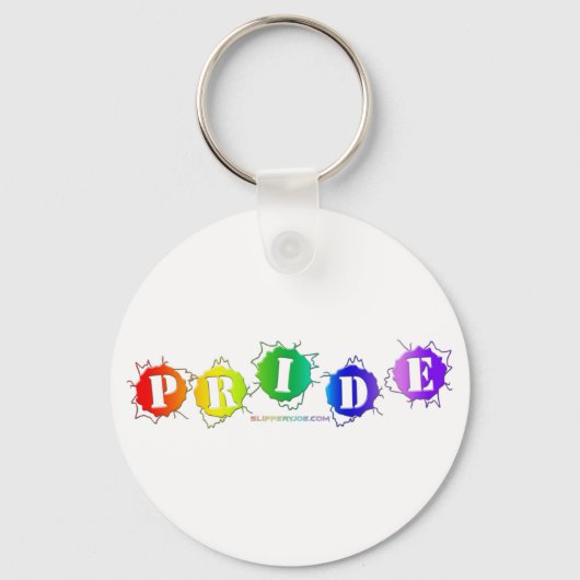 SlipperyJoeの虹色のPrideサインが輝き キーホルダー (正面)