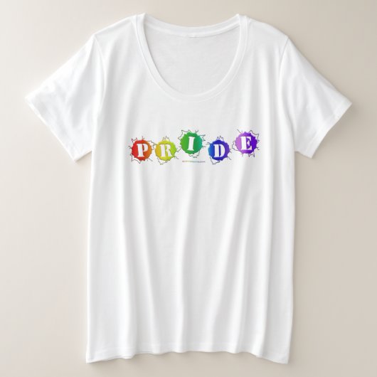 SlipperyJoeの虹色のPrideサインが輝き プラスサイズTシャツ (デザイン正面)