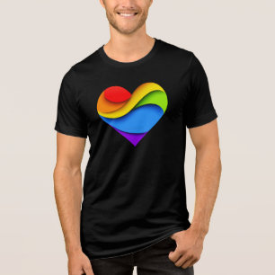 SlipperyJoeの虹色レイヤードハート型 赤 オレンジ トライブレンドTシャツ