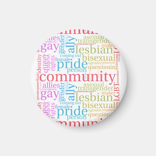 SlipperyJoeの虹色LGBTQ+コミュニティーワードクラウド マグネット (正面)