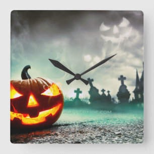 SlipperyJoeの輝くジャックオーランタン・ハロウィン・ウェア スクエア壁時計