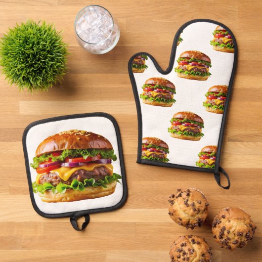 SlipperyJoeの食欲をそそるチーズバーガー クリスピーなバ 鍋つかみ&鍋敷きセット (トップダウン)