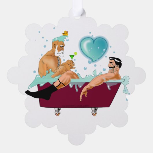SlipperyJoeの2人のゲイ男性は漫画の浴槽soaを愛している オーナメントカード (裏面)