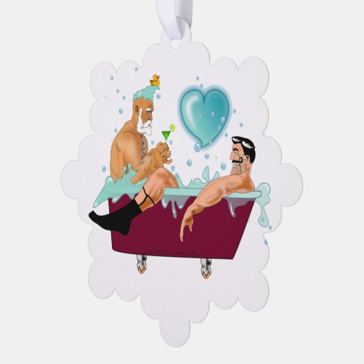 SlipperyJoeの2人のゲイ男性は漫画の浴槽soaを愛している オーナメントカード (左)