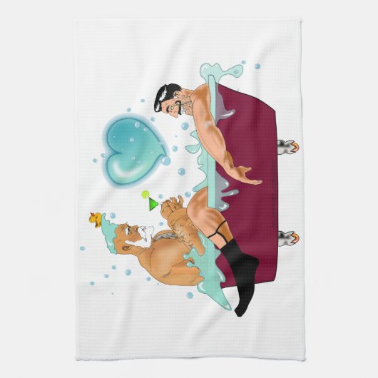 SlipperyJoeの2人のゲイ男性は漫画の浴槽soaを愛している キッチンタオル (縦)