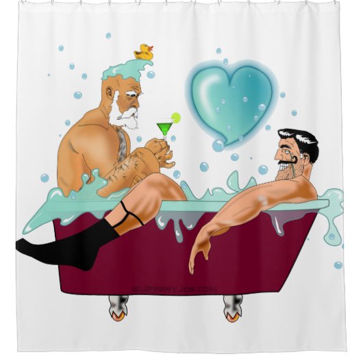 SlipperyJoeの2人のゲイ男性は漫画の浴槽soaを愛している シャワーカーテン (正面)