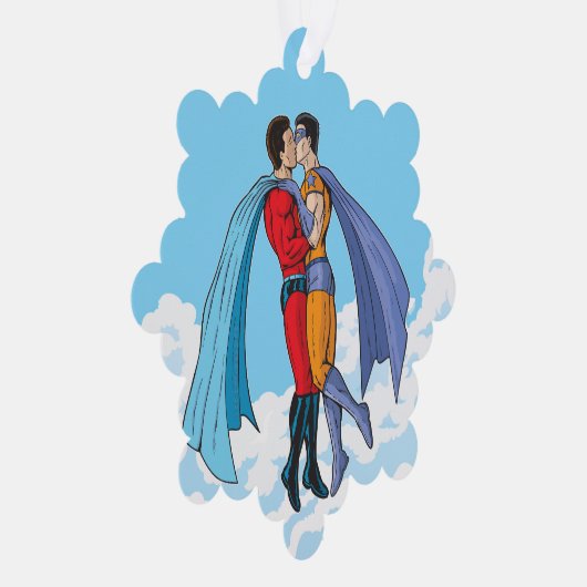 SlipperyJoeの2人のスーパーヒーローキスをするカー飛んでいるト オーナメントカード (右)