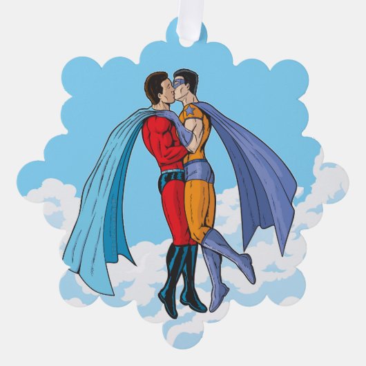 SlipperyJoeの2人のスーパーヒーローキスをするカー飛んでいるト オーナメントカード (正面)