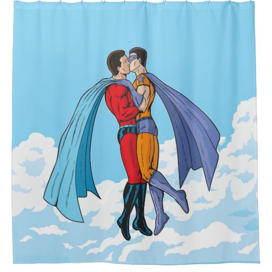 SlipperyJoeの2人のスーパーヒーローキスをするカー飛んでいるト シャワーカーテン (正面)