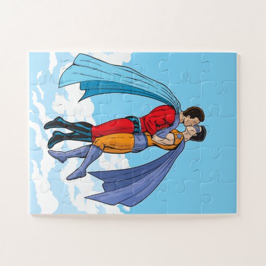 SlipperyJoeの2人のスーパーヒーローキスをするカー飛んでいるト ジグソーパズル (横)
