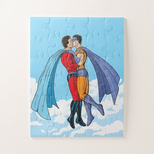 SlipperyJoeの2人のスーパーヒーローキスをするカー飛んでいるト ジグソーパズル (縦)