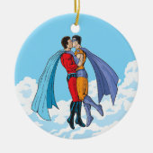 SlipperyJoeの2人のスーパーヒーローキスをするカー飛んでいるト セラミックオーナメント (正面)
