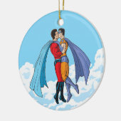 SlipperyJoeの2人のスーパーヒーローキスをするカー飛んでいるト セラミックオーナメント (左)