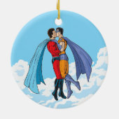 SlipperyJoeの2人のスーパーヒーローキスをするカー飛んでいるト セラミックオーナメント (裏面)