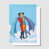 SlipperyJoeの2人のスーパーヒーローキスをするカー飛んでいるト ベラム紙招待状 (オフセット)