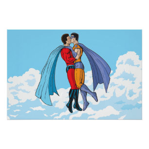 SlipperyJoeの2人のスーパーヒーローキスをするカー飛んでいるト ポスター