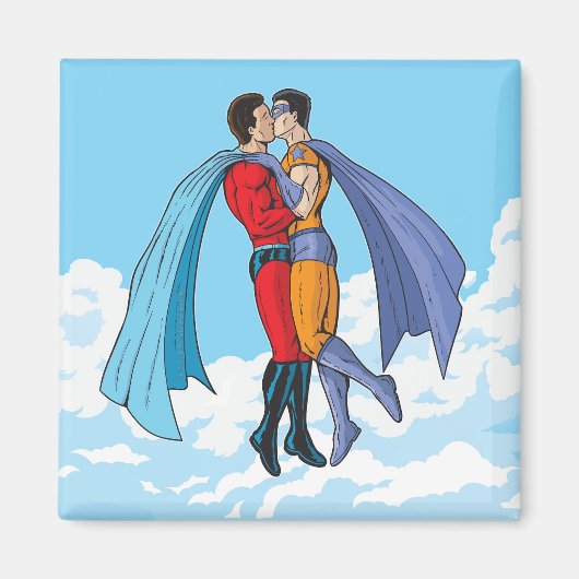 SlipperyJoeの2人のスーパーヒーローキスをするカー飛んでいるト マグネット (正面)