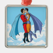 SlipperyJoeの2人のスーパーヒーローキスをするカー飛んでいるト メタルオーナメント (正面)