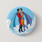 SlipperyJoeの2人のスーパーヒーローキスをするカー飛んでいるト 缶バッジ (正面)