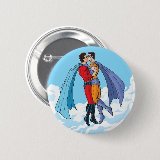 SlipperyJoeの2人のスーパーヒーローキスをするカー飛んでいるト 缶バッジ (正面&裏面)