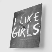 SlipperyJoeの「I Like Girls」汚れた黒板の暗い質感, 「I Like Girl スクエア壁時計 (傾斜)