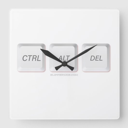 SlipperyJoeのCTRL ALT DELボタン 3つの白いキー スクエア壁時計 (正面)