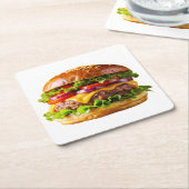 SlipperyJoeのmouthyling積み上げハンバーガーTHIC スクエアペーパーコースター (アングル)