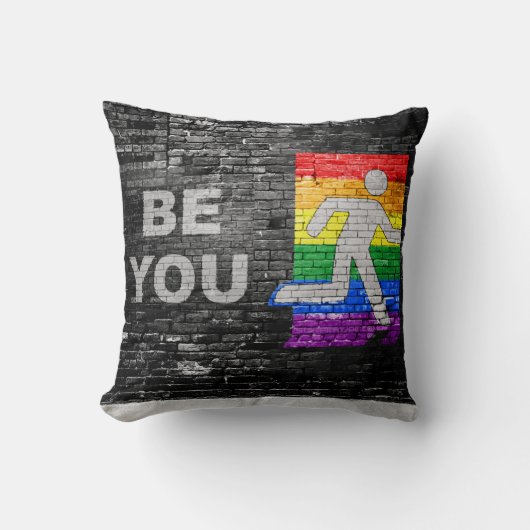 SlipperyJoe's Be You brick wall stick figure rainb クッション (正面)