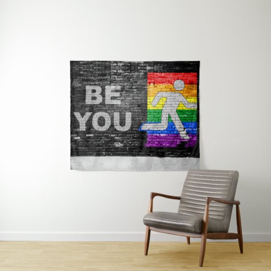 SlipperyJoe's Be You brick wall stick figure rainb タペストリー (インサイチュ(横))