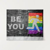 SlipperyJoe's Be You brick wall stick figure rainb タペストリー (正面(横))