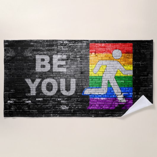 SlipperyJoe's Be You brick wall stick figure rainb ビーチタオル (正面)