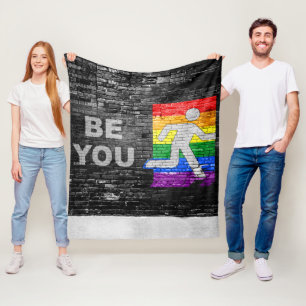 SlipperyJoe's Be You brick wall stick figure rainb フリースブランケット
