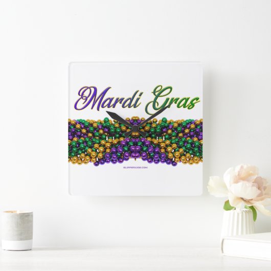 SlipperyJoe's Mardi Grasビーズネックレス紫色のゴル スクエア壁時計 (ホーム)