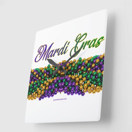 SlipperyJoe's Mardi Grasビーズネックレス紫色のゴル スクエア壁時計 (傾斜)