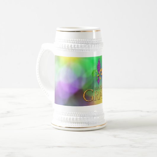 SlipperyJoe's Mardi Gras紫の金ゴールドグリーンフルーア-d ビールジョッキ (正面左)