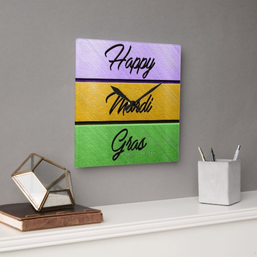 SlipperyJoe's Mardi Gras紫色の金ゴールドグリーンメタル スクエア壁時計 (オフィス)