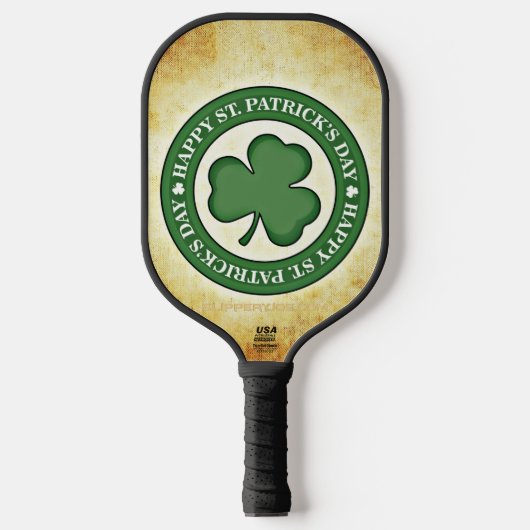 SlipperyJoe's Saint Patrick's Day green three-leaf ピックルボールラケット (正面)