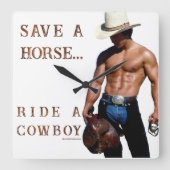 SlipperyJoe's Save a horse Ride A Cowboy hat muscu スクエア壁時計 (正面)