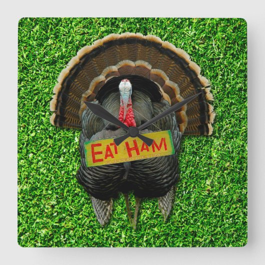 SlipperyJoe's Thanksgiving七面鳥の草のハム食べコー スクエア壁時計 (正面)